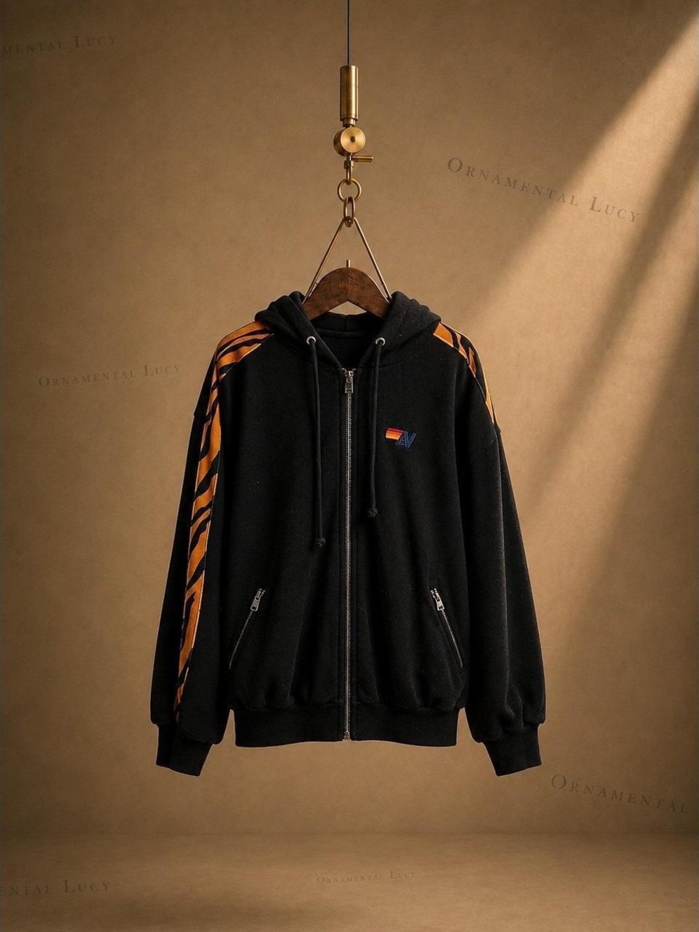 Aviator Nation Black Zip-Up Hoodie with Orange Stripe Accent